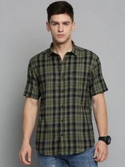 Men Green Checked Casual Shirt-MAYACHECKS-4406-Olive