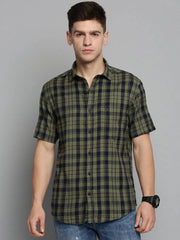 Men Green Checked Casual Shirt-MAYACHECKS-4406-Olive