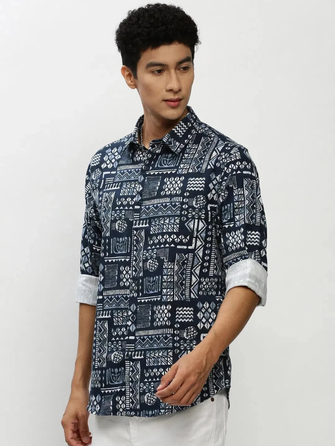 Men's Navy Geometric Cotton Shirt - DesiQlo Casual Shirts