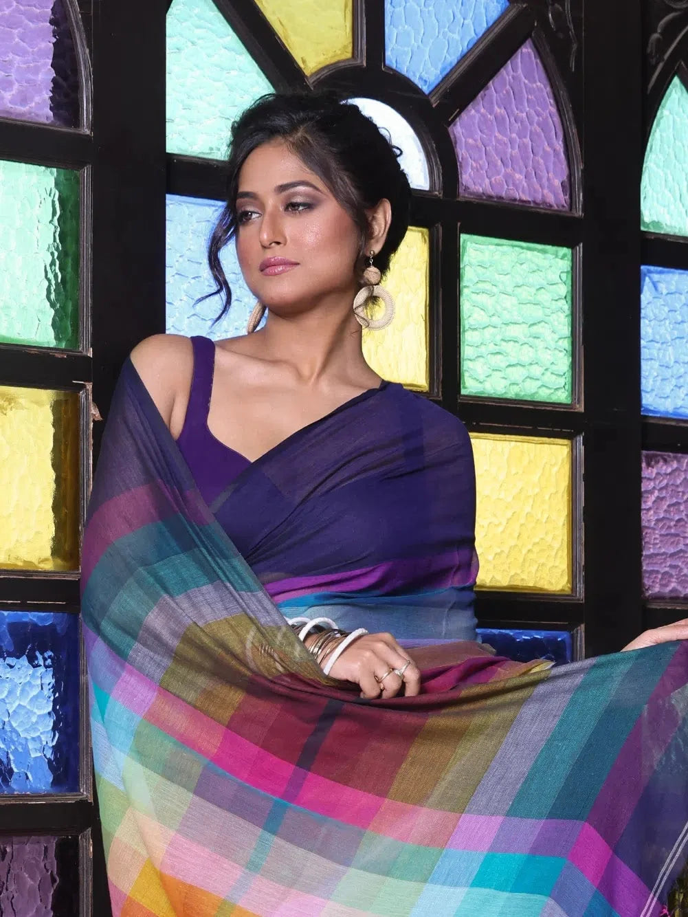 Navy Blue Colorblocked Cotton Saree | Indian Sarees