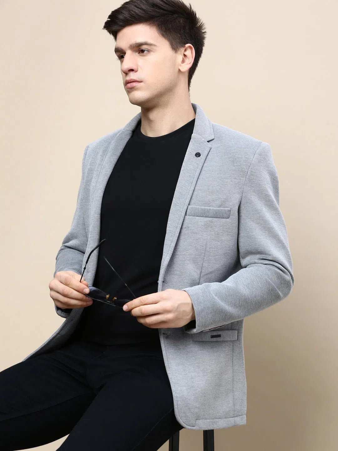 Grey Solid Casual Blazer | Indian Nehru Jackets - DesiQlo