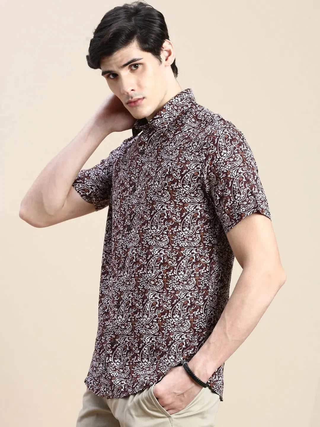 Brown Printed Cotton Shirt | Ethnic Mens Shirt by DesiQlo
