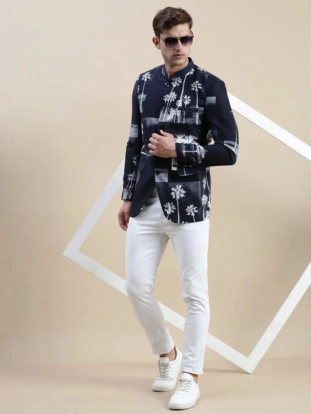 Men's Navy Printed Casual Blazer | Nehru Jacket Wedding