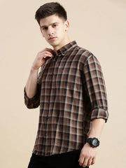 Men Brown Checked Casual Shirt-GROVER-1108-Brown
