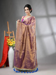 Copper Violet Shimmer Tissue Saree With Gota Patti Borders-MA62TIS33990018