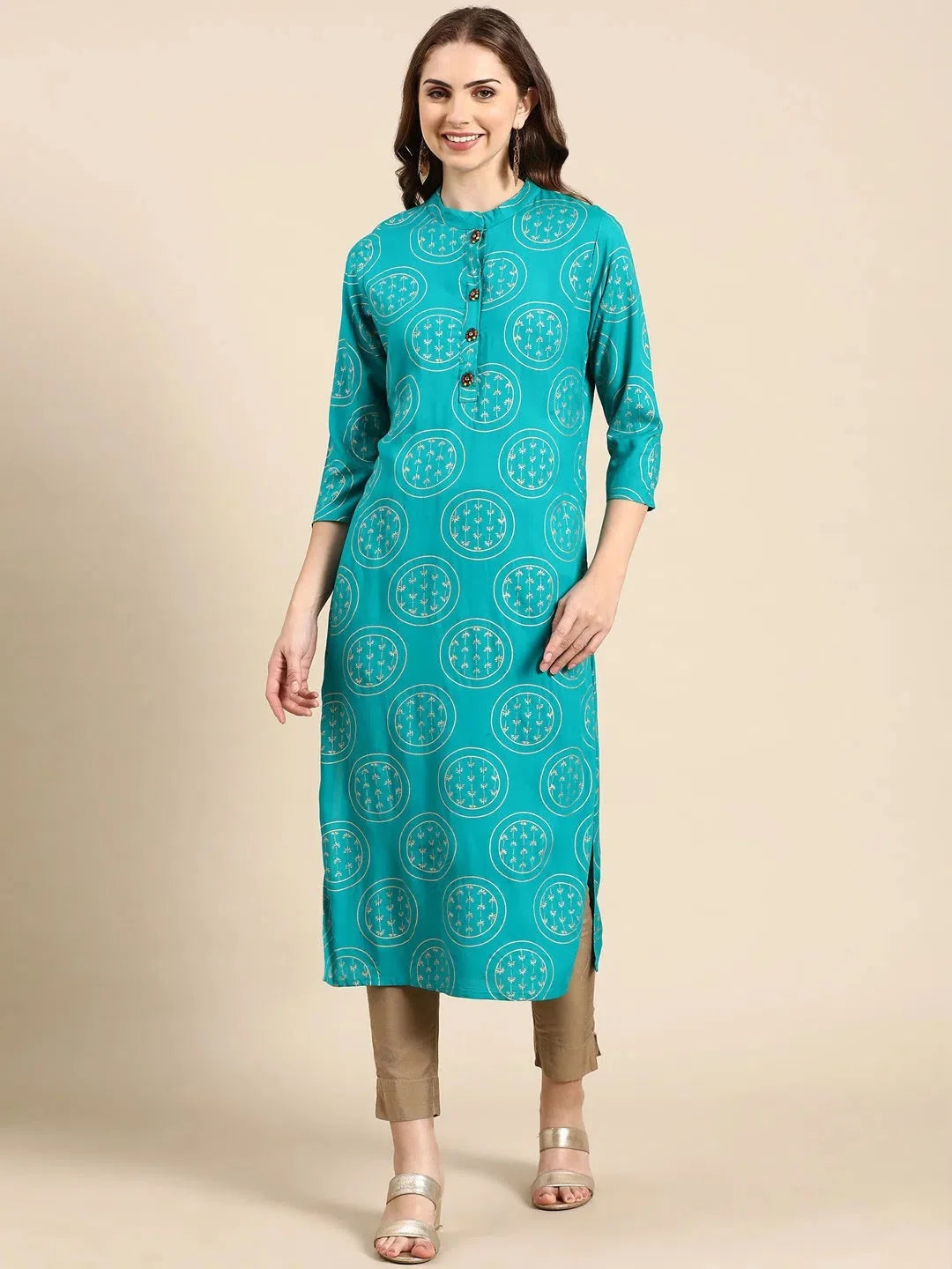 Turquoise Blue Printed Cotton Kurti | Women's Indian Kurtis