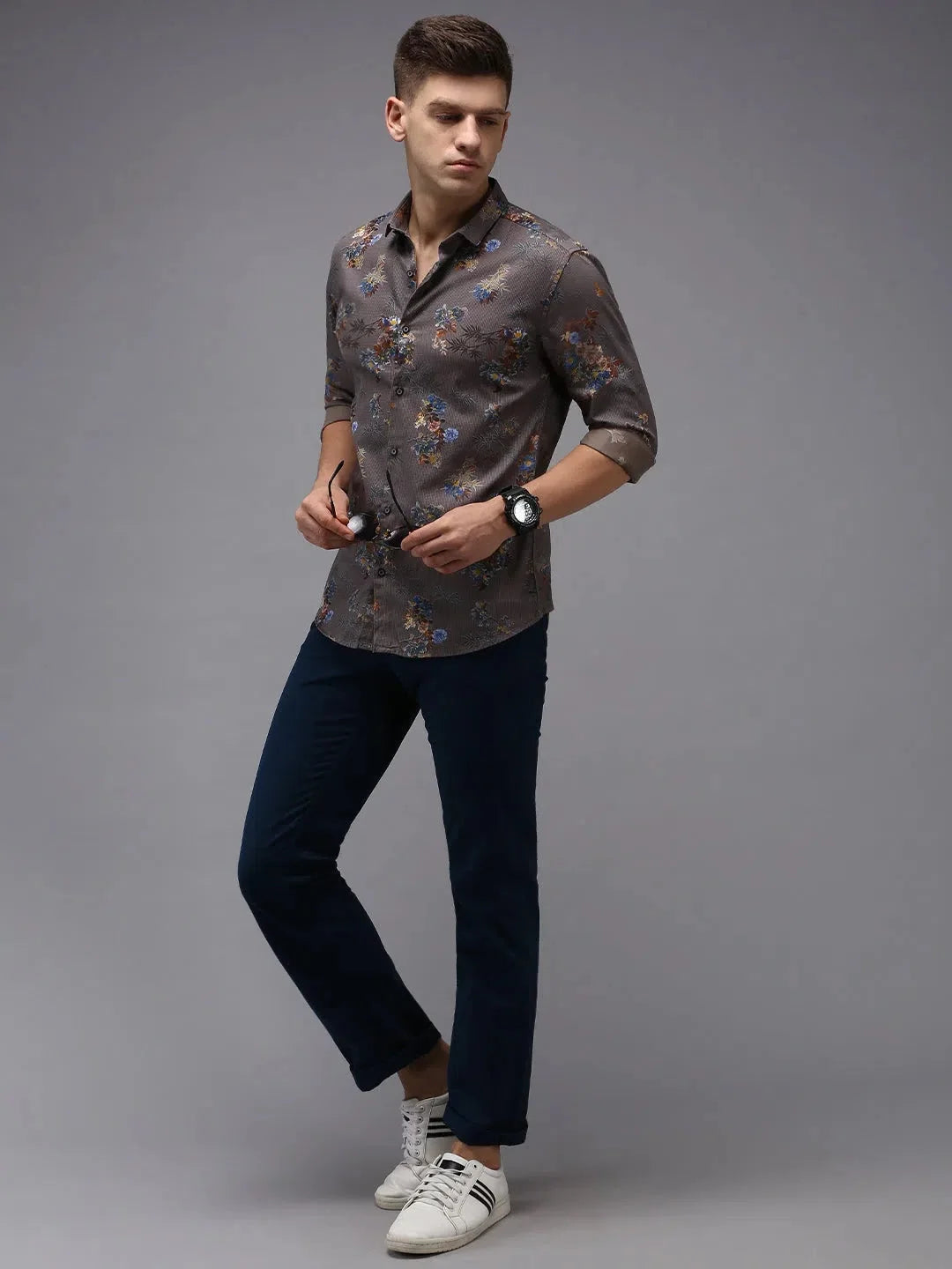 Men's Grey Printed Shirt - Cotton Casual Shirt | DesiQlo