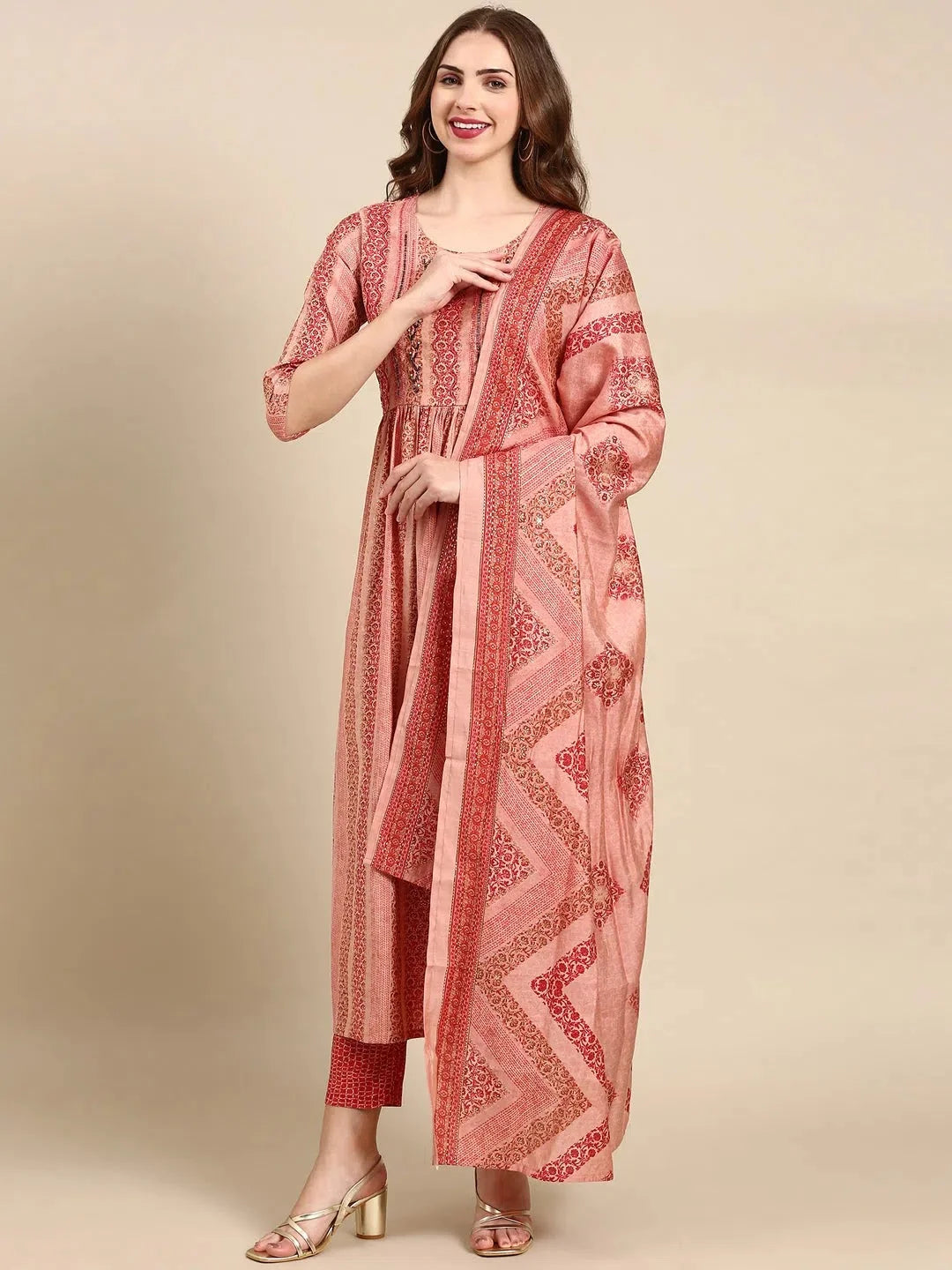 Peach Ethnic Print Women's Kurta Set | Women's Kurta Sets