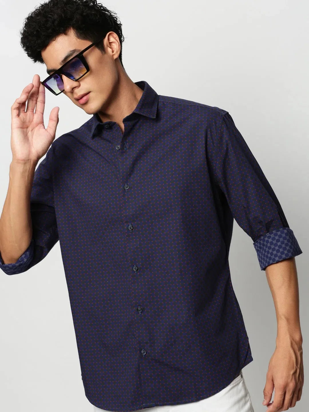 Navy Geometric Mens Shirt - Cotton Casual Shirt | DesiQlo