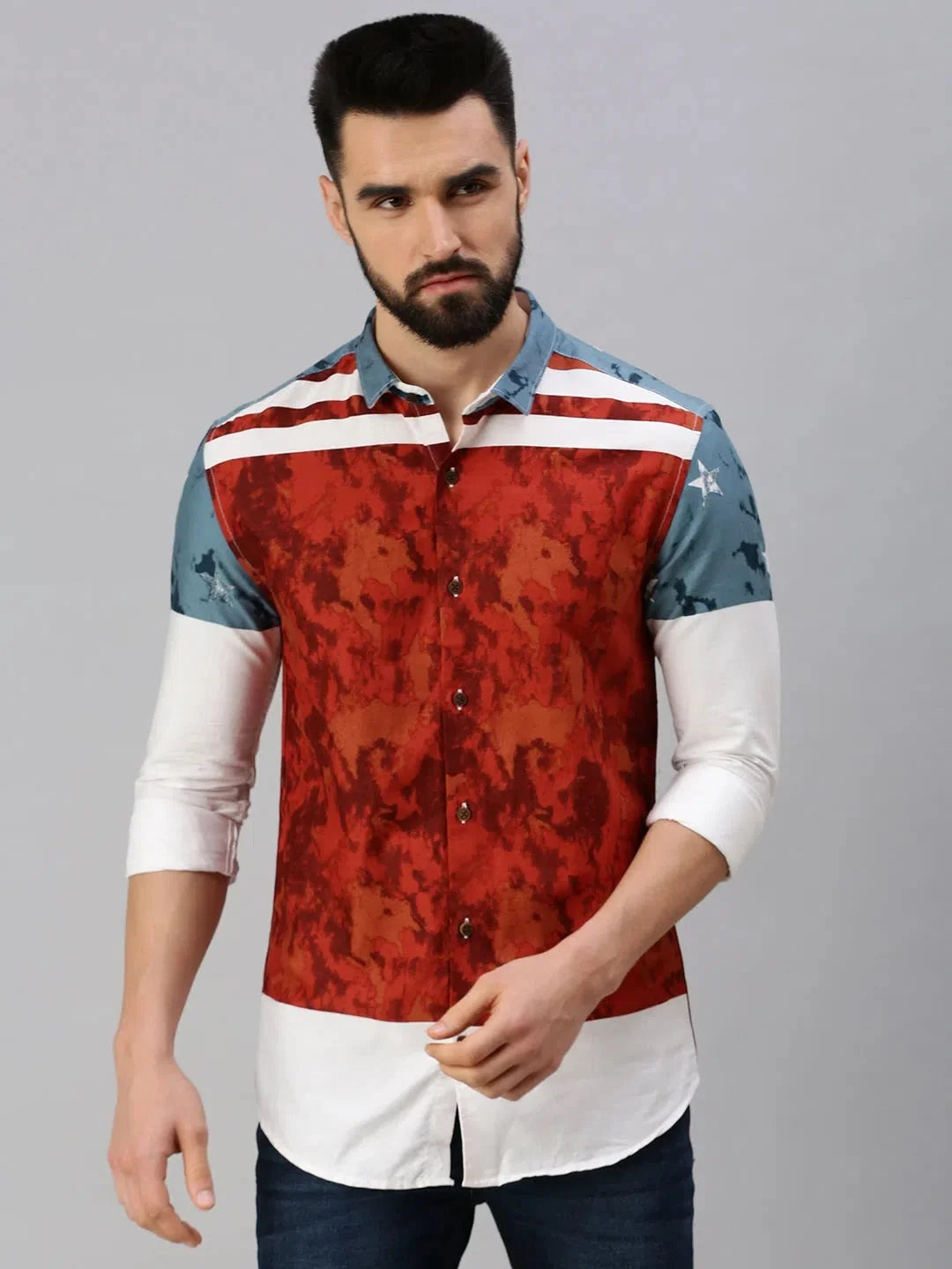 Red Printed Mens Shirt - Cotton Casual Shirt for Men
