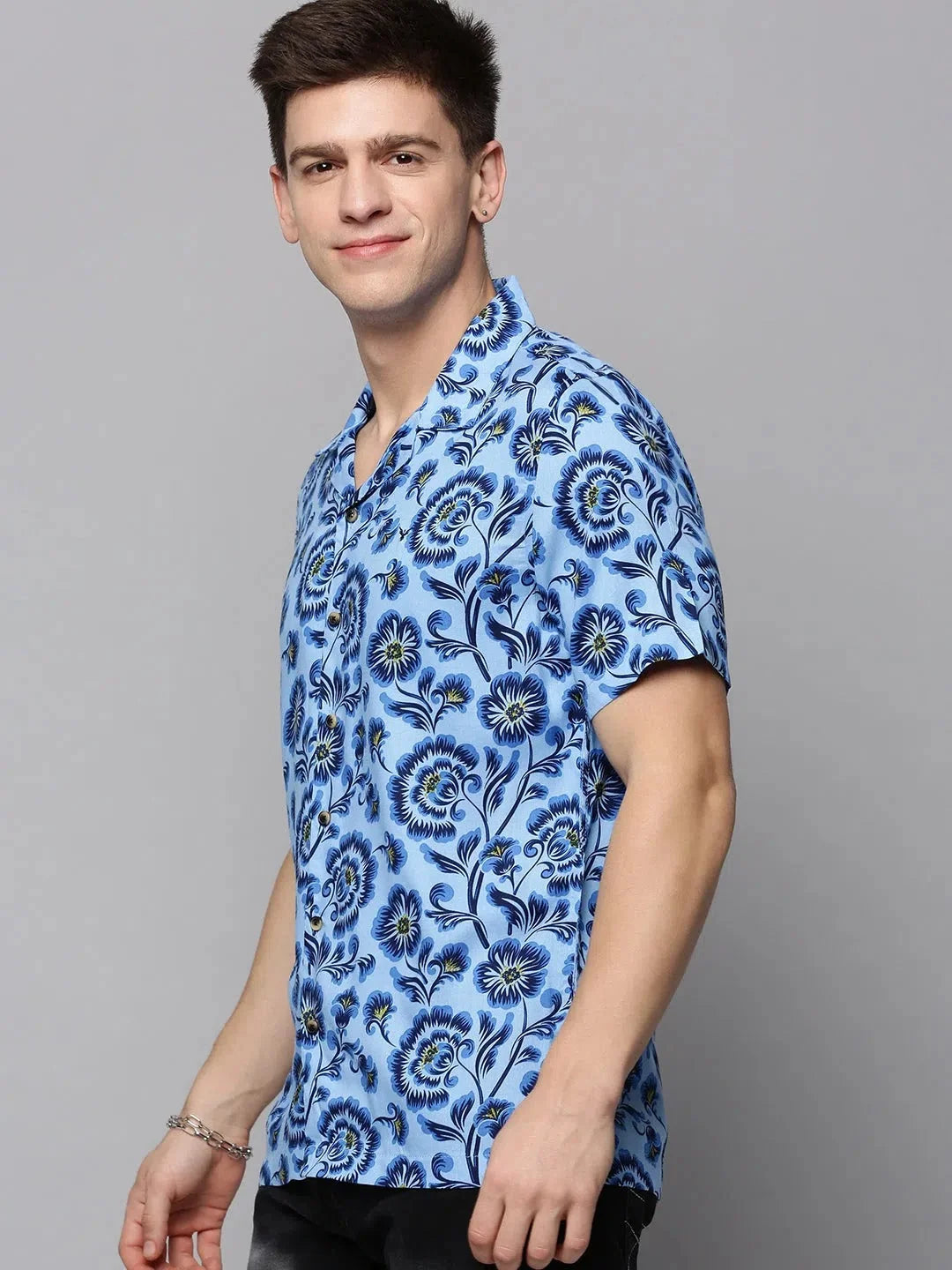 Blue Printed Mens Shirt - Viscose Casual Beach Shirts- DesiQlo