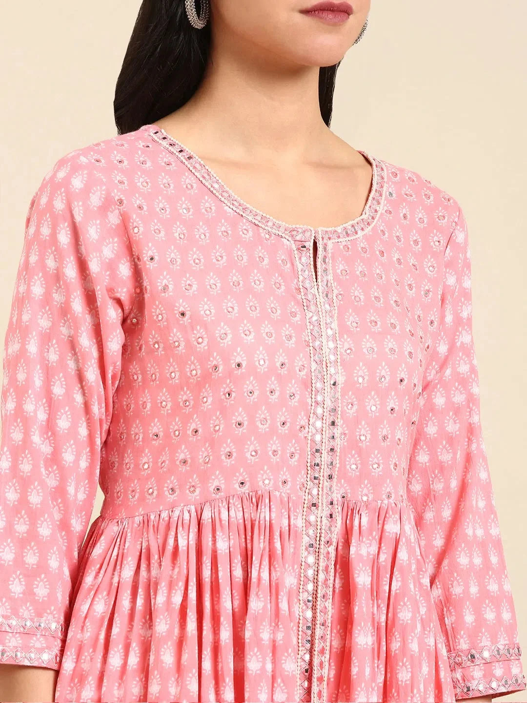 Pink Printed Cotton Anarkali Kurti | Women's Anarkali Dress