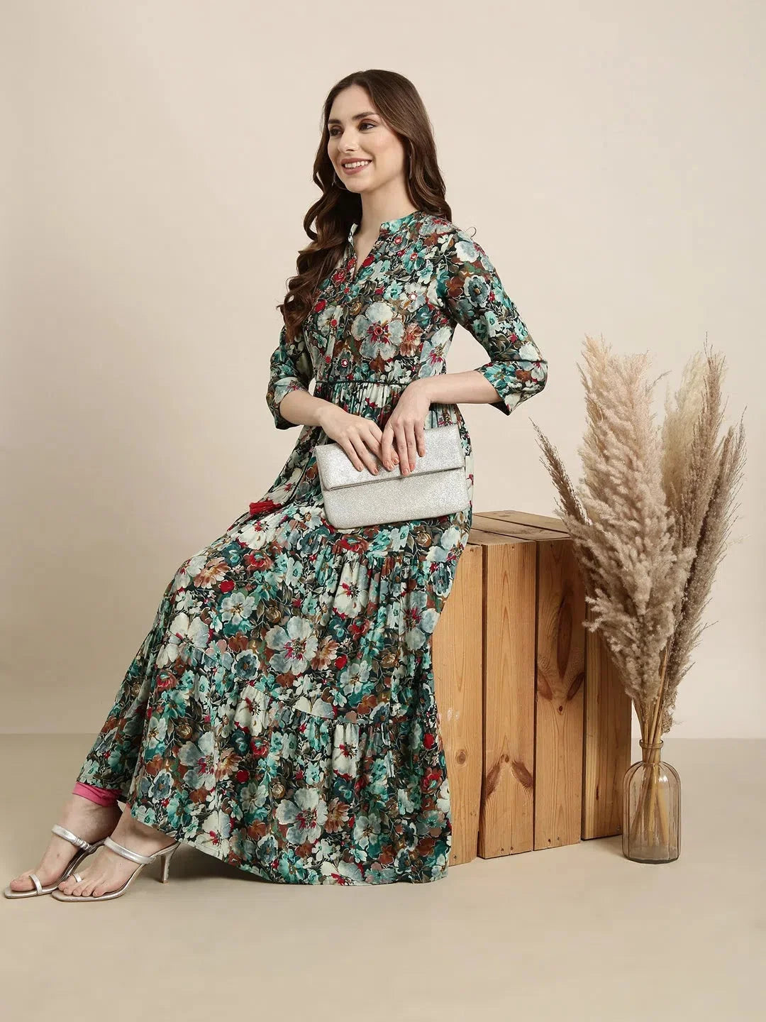 Teal Floral Anarkali Kurti for Women - Cotton Anarkali Dress