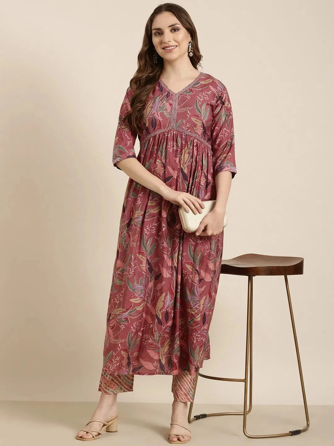 Women Anarkali Pink Floral Kurta and Trousers SetKC-052597-Pink