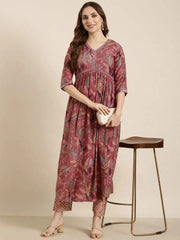 Women Anarkali Pink Floral Kurta and Trousers SetKC-052597-Pink