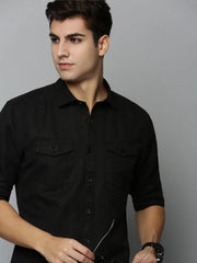 Men Black Solid Casual Shirt-DARIANPURELINEN-3295-Black
