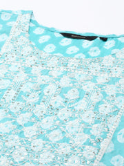 Women's Turquoise Blue Printed Kurta Set-AT-A374-Turquoiseblue