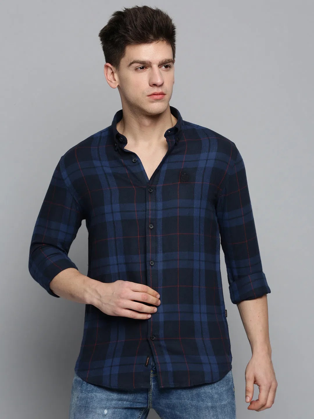 Men's Navy Checkered Cotton Shirt | Casual Mens Shirt