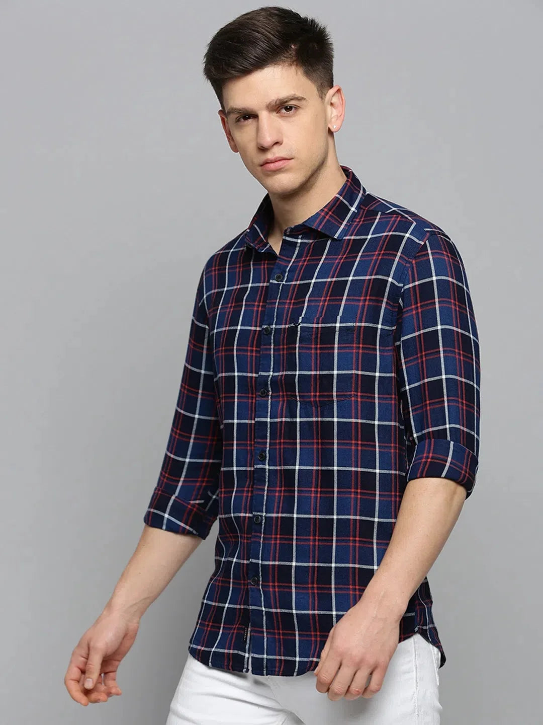 Trendy Navy Checked Mens Shirt - Cotton Casual & Formal Shirts