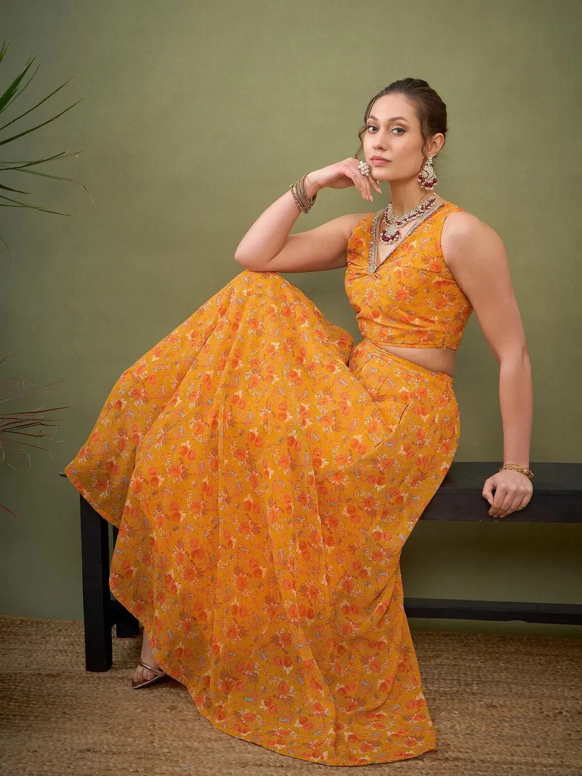 Yellow Floral Anarkali Skirt & Crop Top - Women's Lehenga Choli