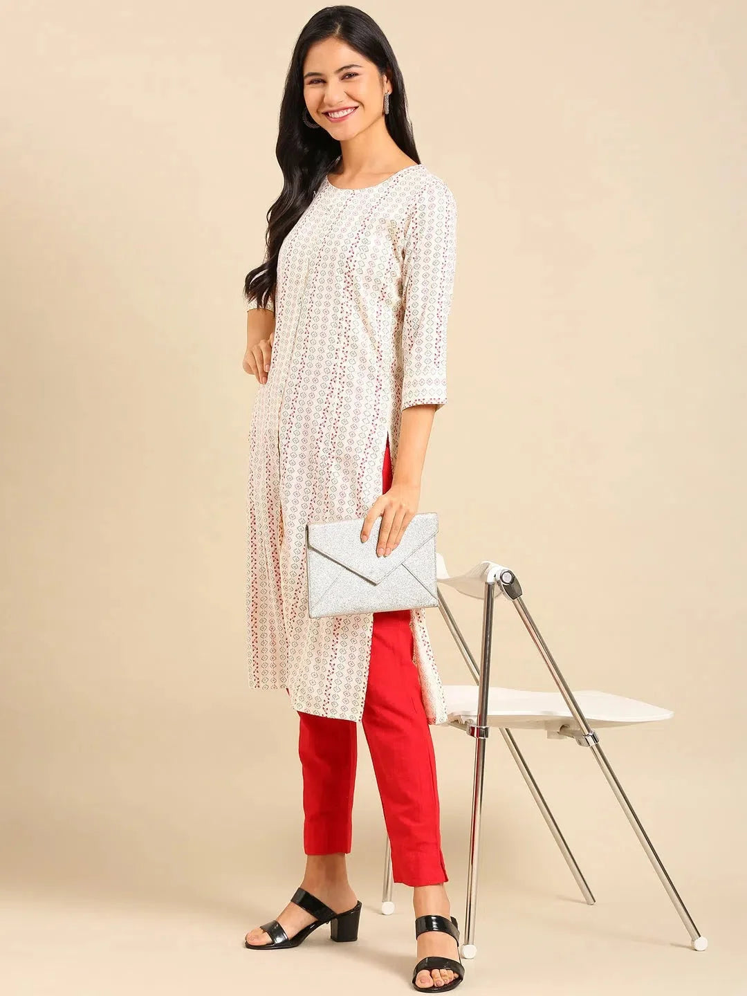 White Printed Kurta: Polyester Indian Kurta | DesiQlo