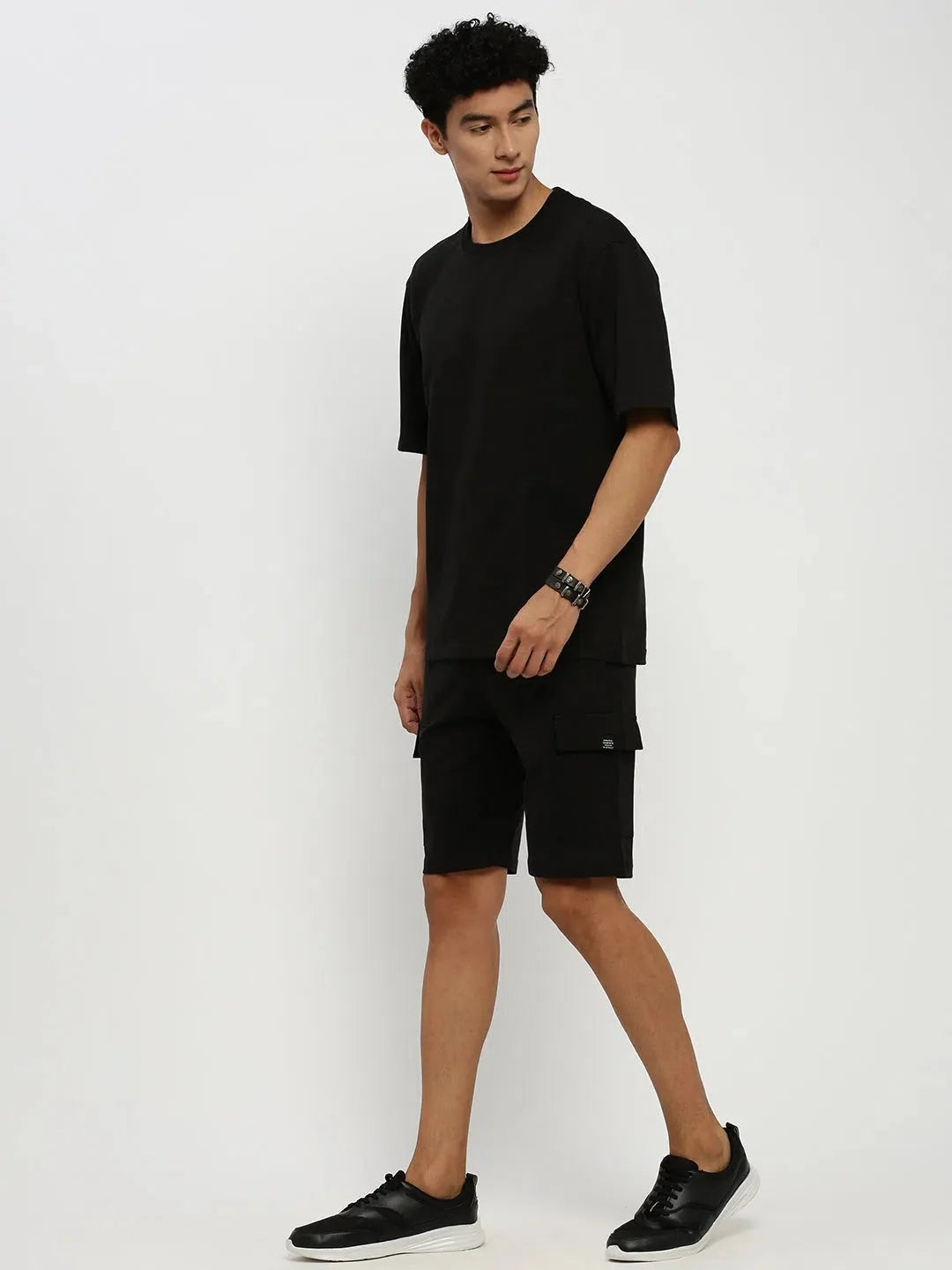 Black Solid Mens Two Piece Sets - Cotton Co ord Sets for Men