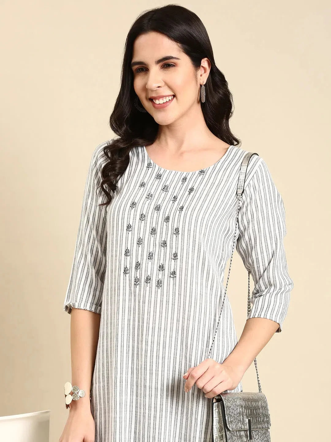 White Striped Cotton Women's Kurta Set | Cotton Kurta Sets