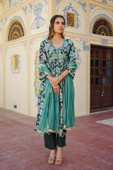 Women Teal Muslin Embroidered Kurta Pant & Dupatta Set