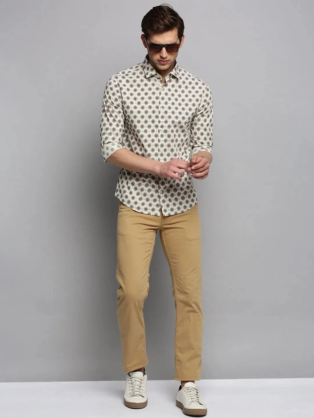 Cream Printed Mens Shirt | Cotton Casual Shirt | DesiQlo
