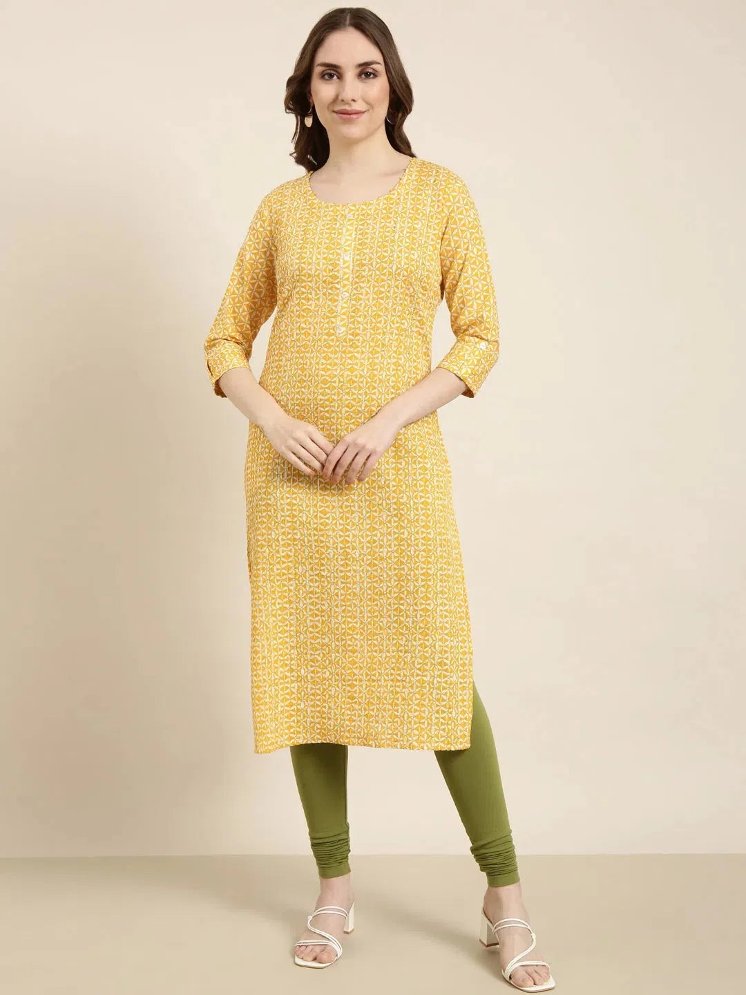 Yellow Floral Print Kurta | Cotton Indian Kurtis for Women