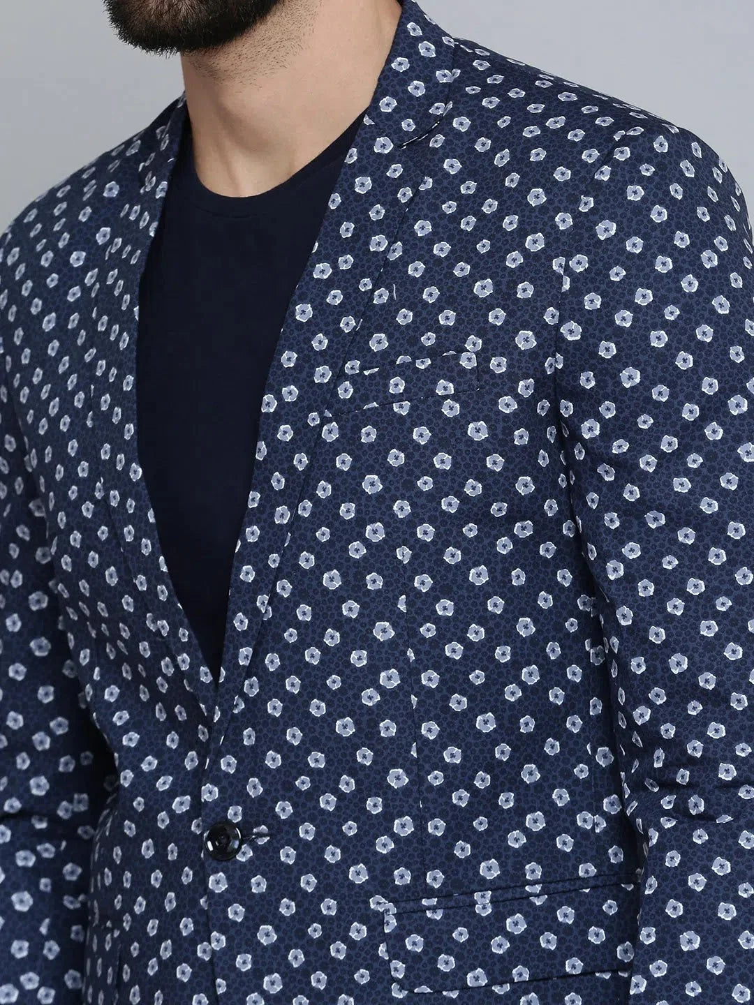 Men's Blue Printed Blazer - Modern Nehru Collar Style