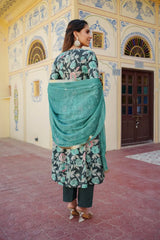 Women Teal Muslin Embroidered Kurta Pant & Dupatta Set