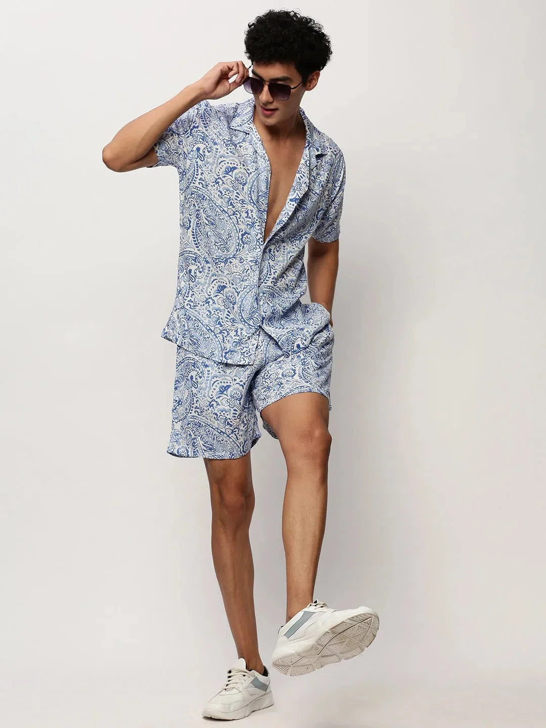 Men's White Printed Casual Co Ord Set | Cotton Two Piece Sets