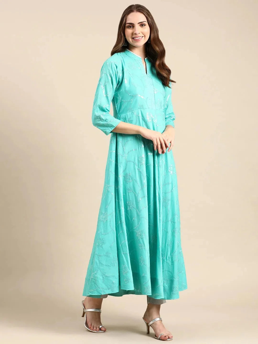 Sea Green Embellished Cotton Anarkali Kurti | DesiQlo