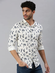 Men Cream Printed Casual Shirt-STANDARDPRINT-1302-Cream