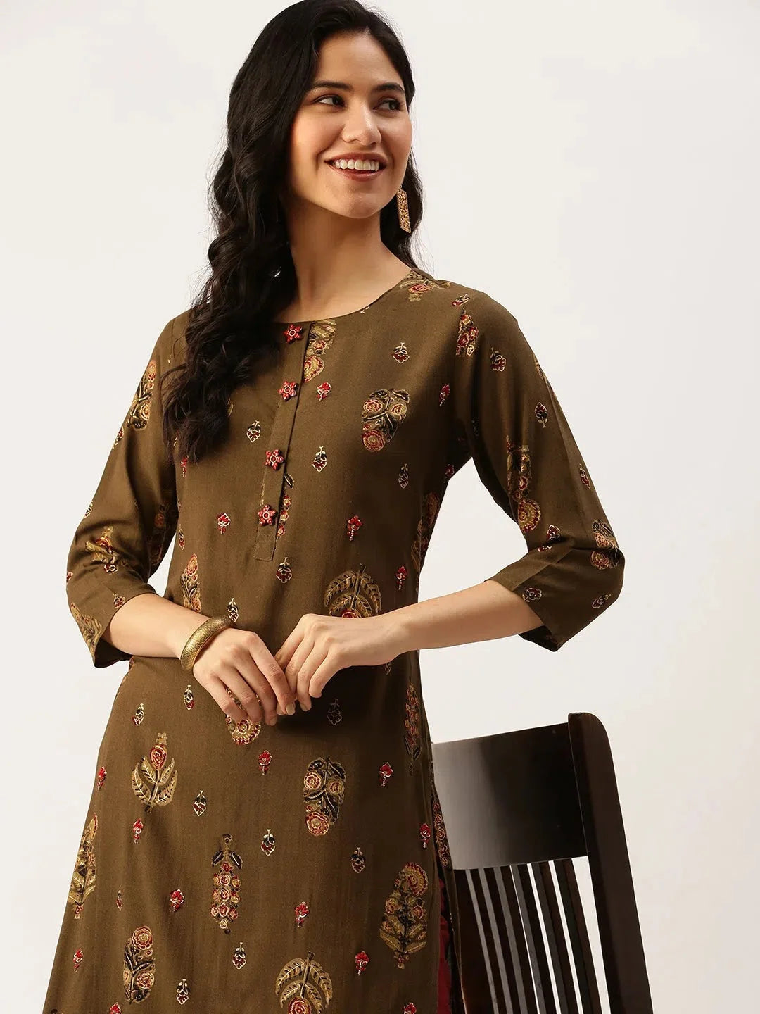 Olive Green Cotton Printed Indian Kurti for Ladies - DesiQlo