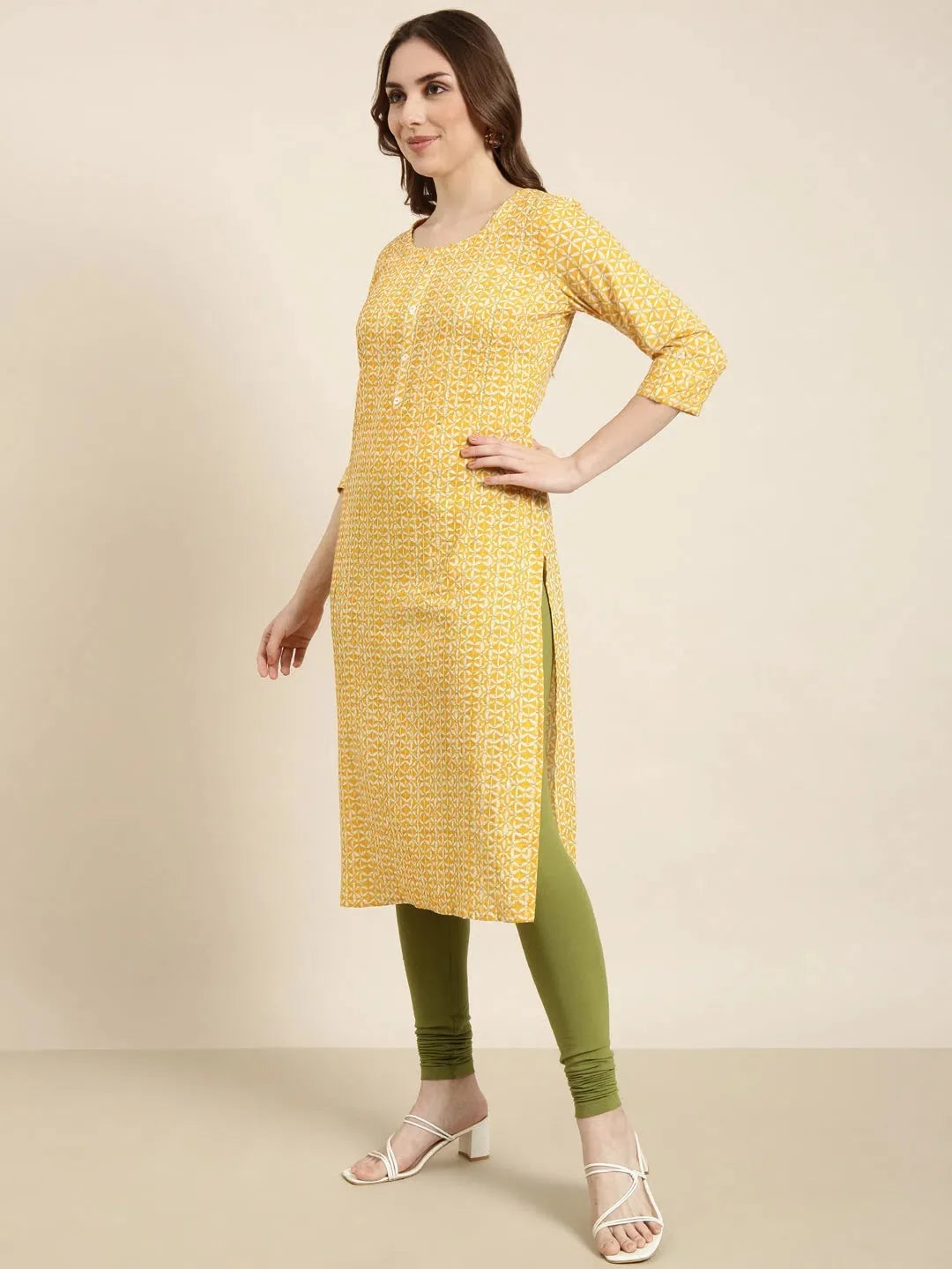 Yellow Floral Print Kurta | Cotton Indian Kurtis for Women
