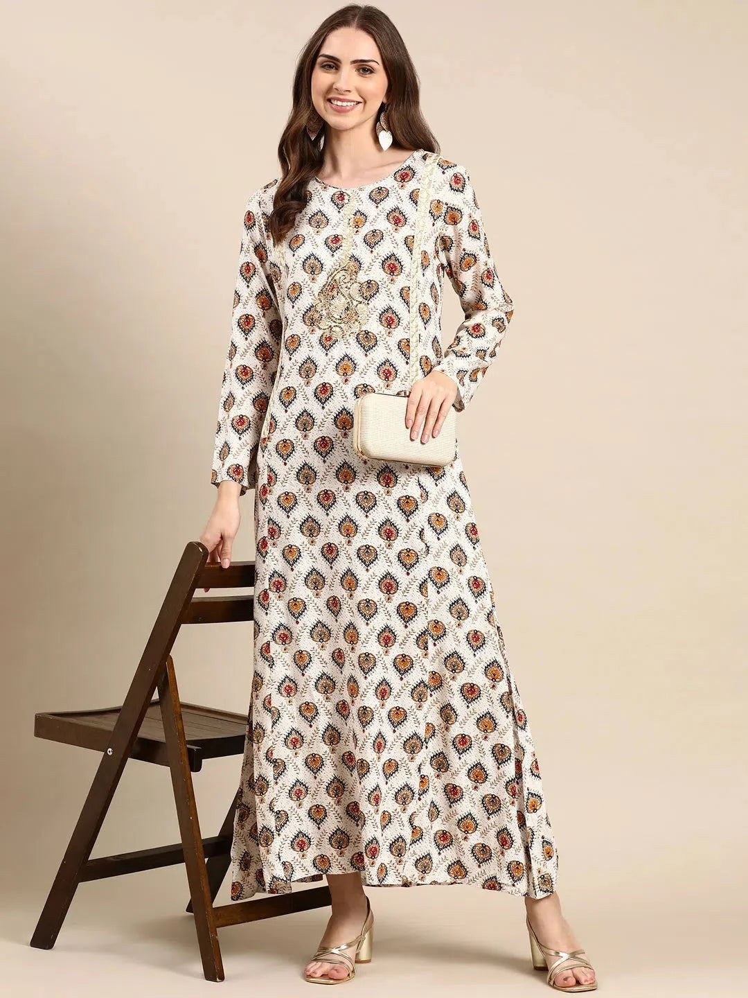 Off White Printed Anarkali Kurta | Women's Anarkali Dress