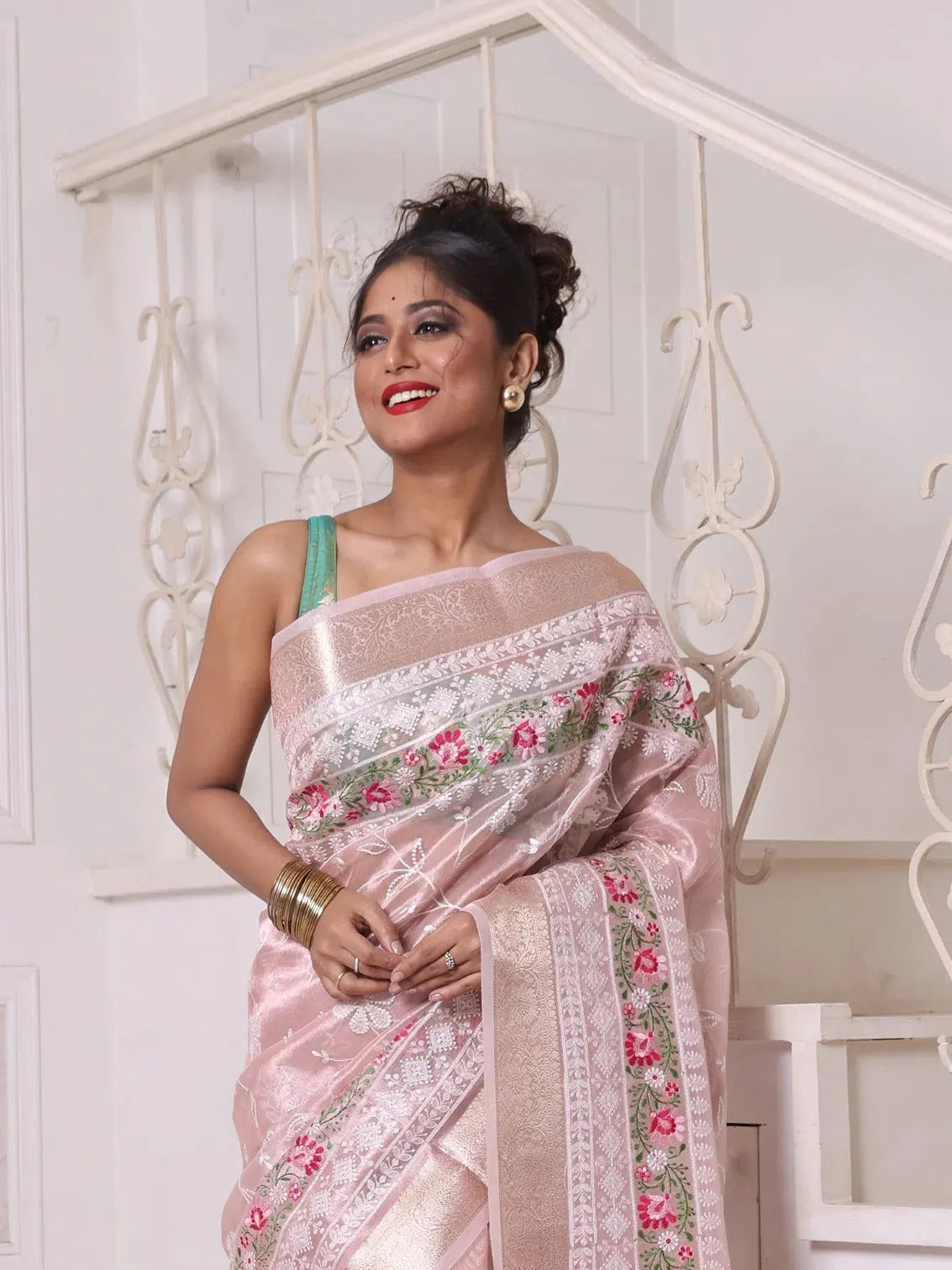 Nude Pink Embroidered Cotton Saree | Indian Wedding Sarees