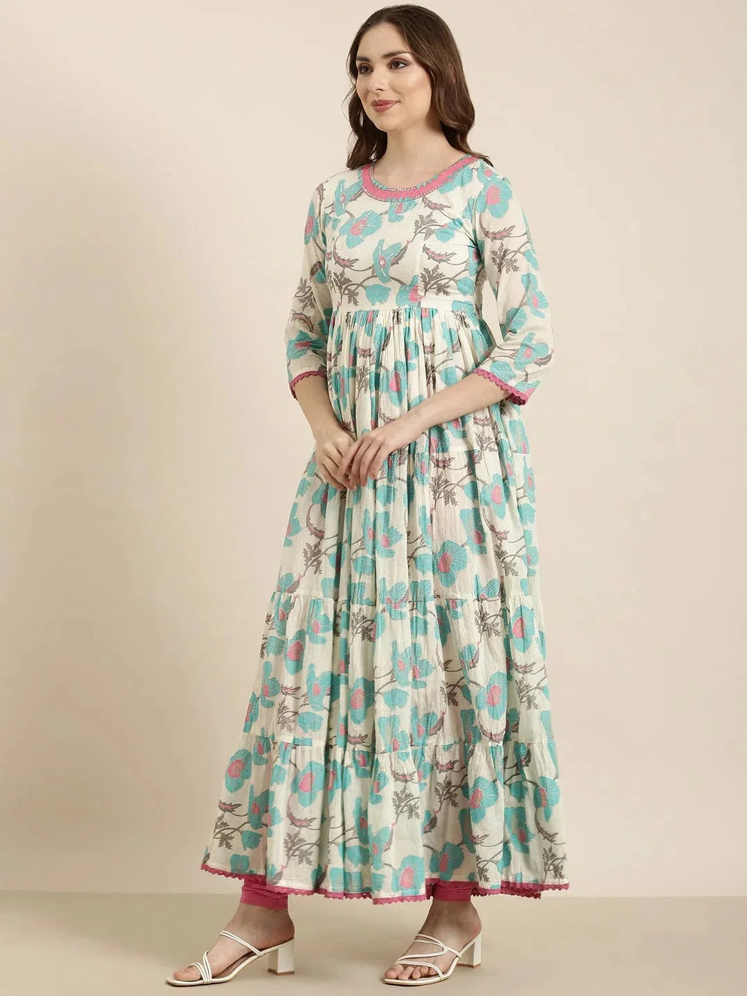Turquoise Blue Floral Anarkali Kurta | Women's Anarkali Suit