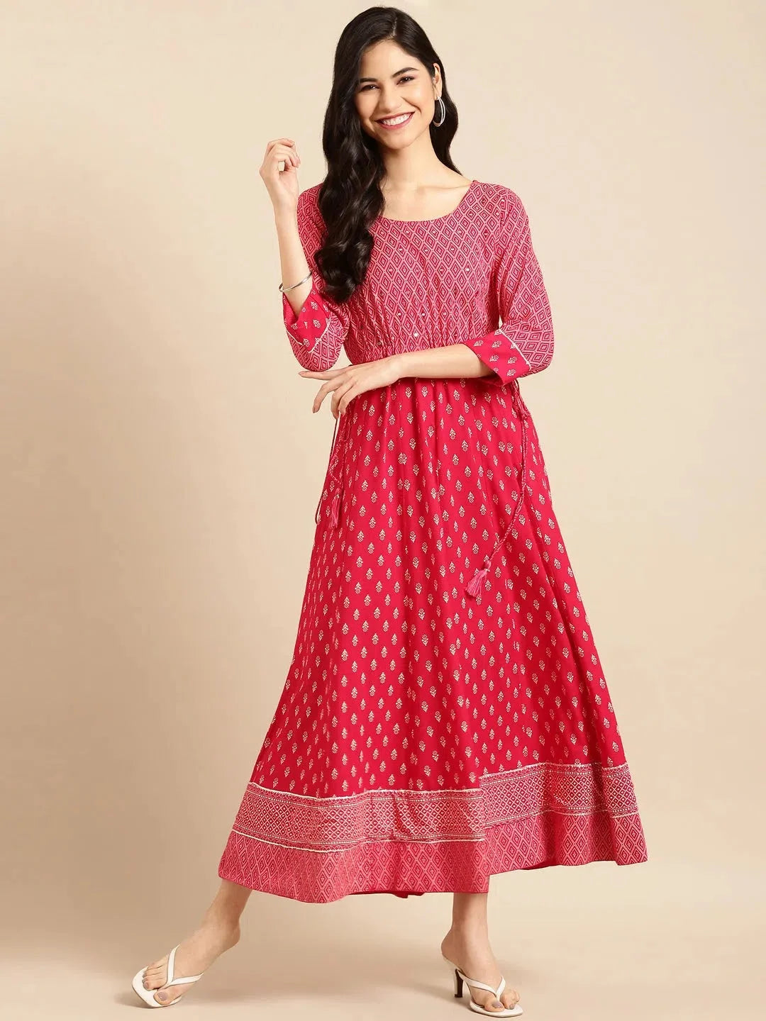 Red Printed Anarkali Kurta | Women's Cotton Anarkali Dress