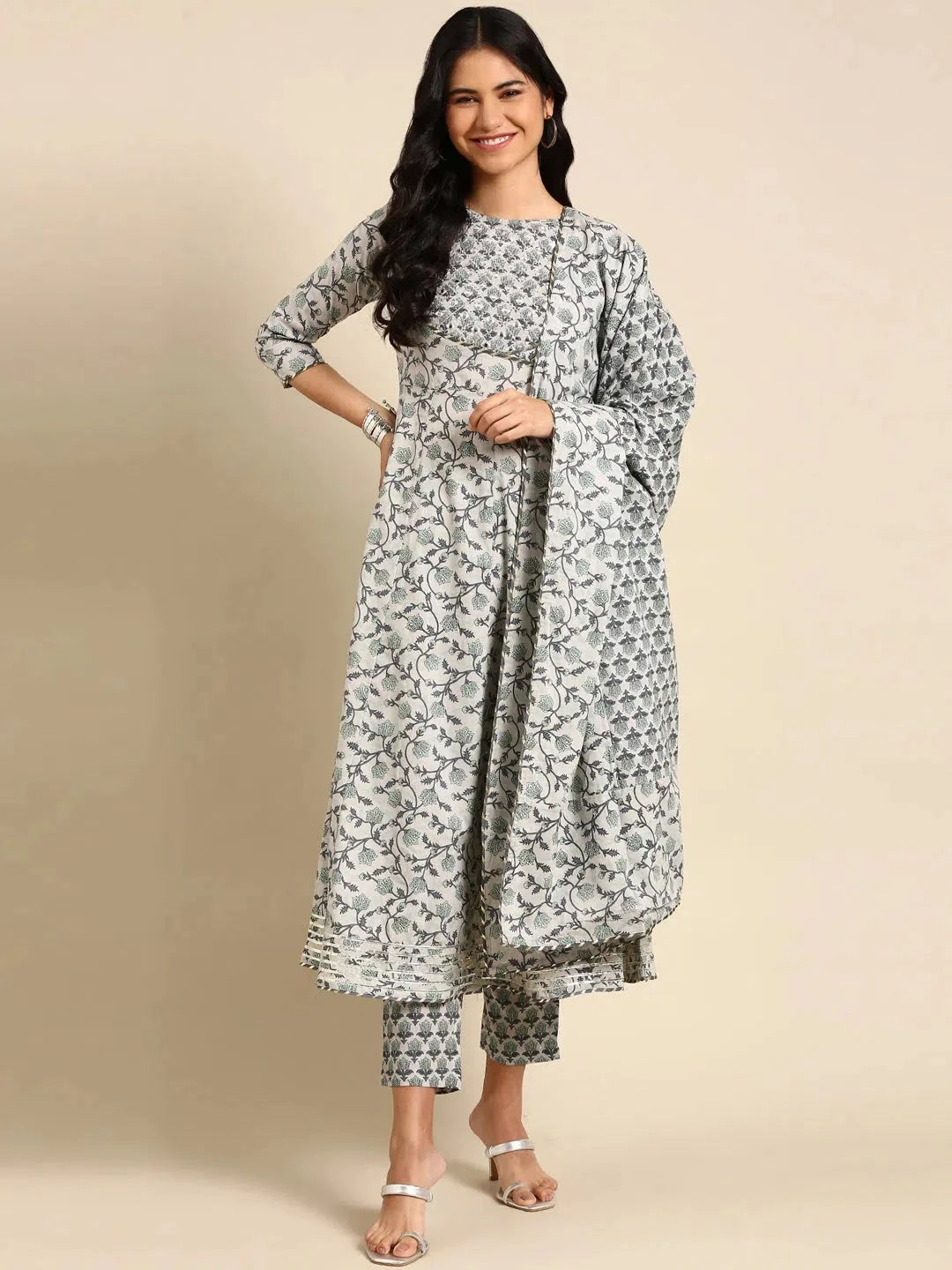 Grey Printed Cotton Kurta Set | Women's Indian Kurta Sets
