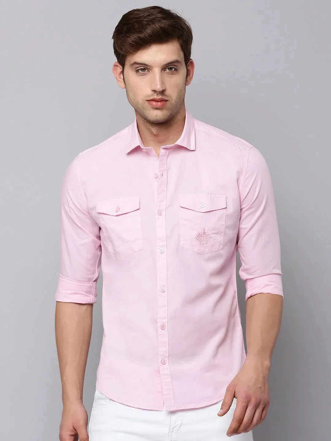 Pink Solid Mens Shirt - Casual Cotton Blend Shirt