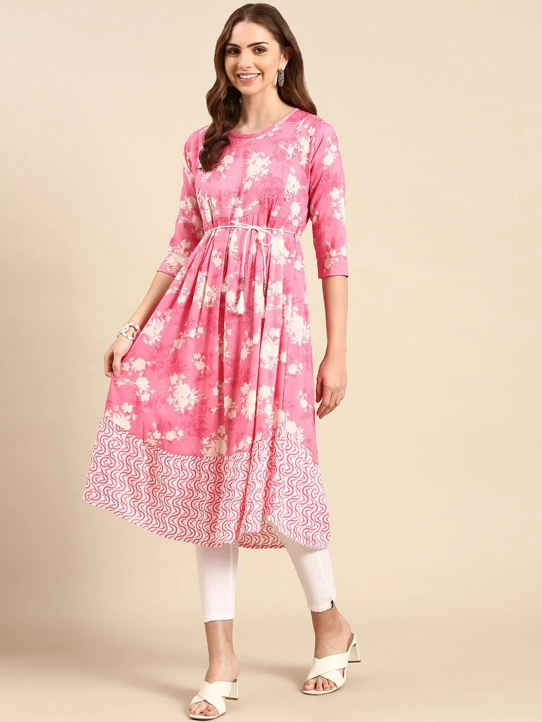 Pink Printed Anarkali Kurti for Women | Viscose Fabric