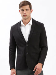 Men Notched Lapel Solid Black Blazer-AR-CODDKNIT-Black
