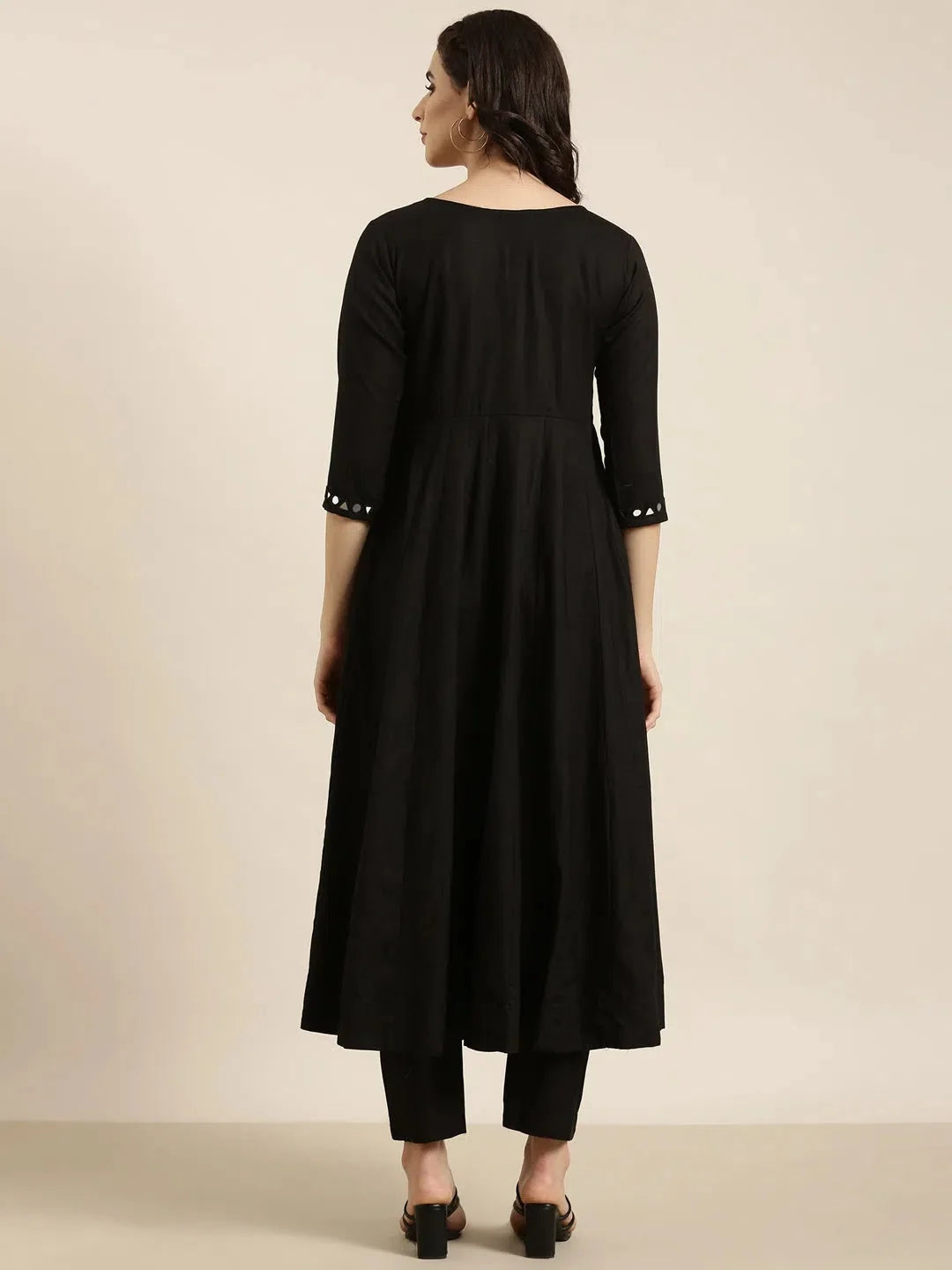 Classic Black Solid Cotton Anarkali Kurta and Trousers Set