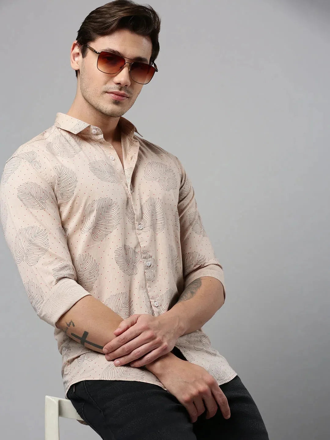 Trending Beige Printed Mens Shirt - Cotton Casual Shirt | DesiQlo