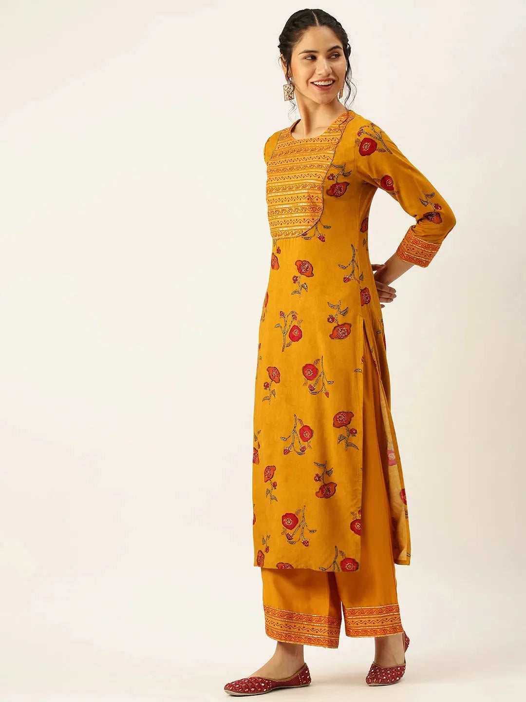 Mustard Floral Kurta Set | Women's Cotton Kurta Sets Online