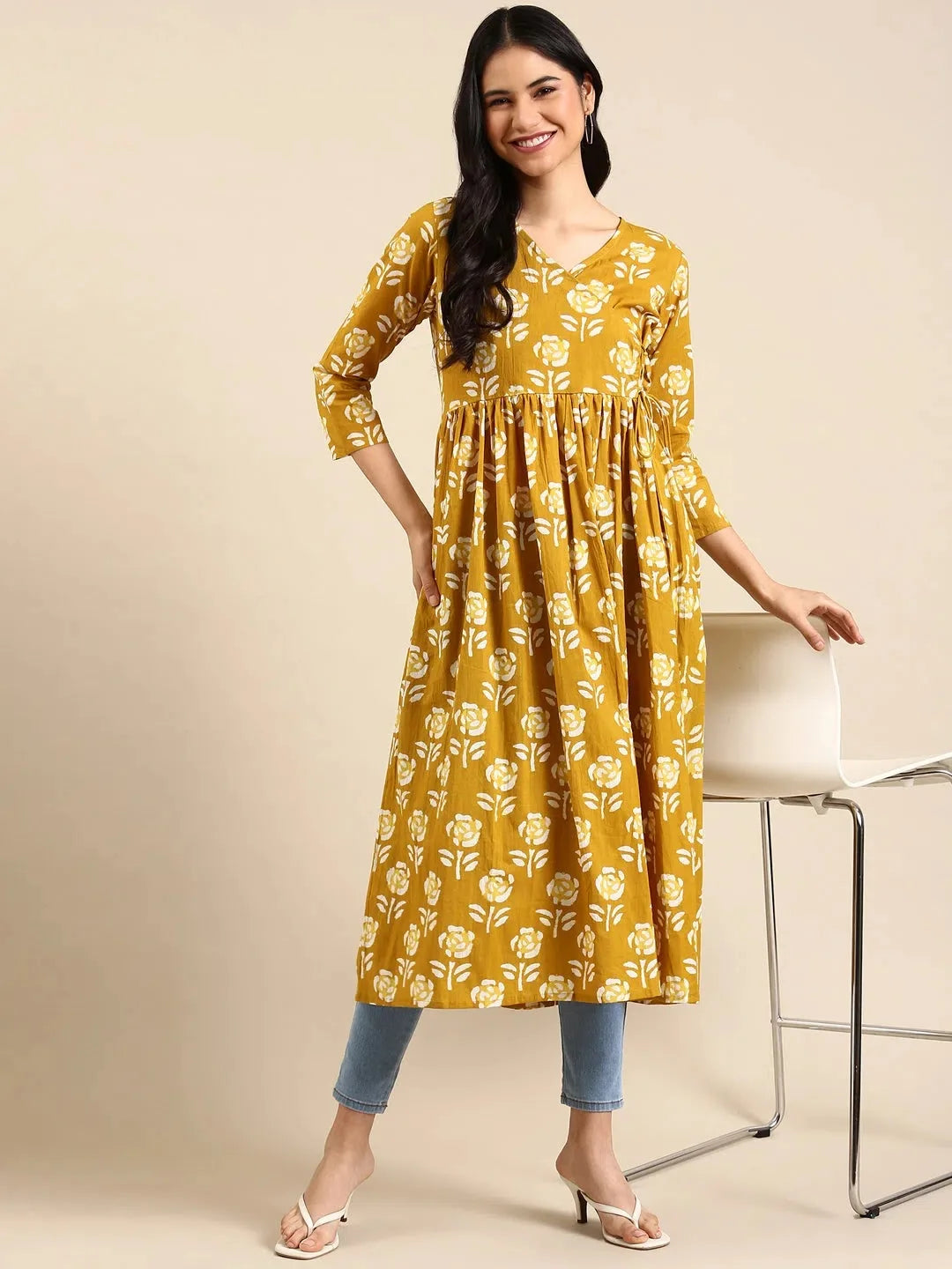 Stylish Yellow Printed Cotton A-Line Indian Kurta for Women