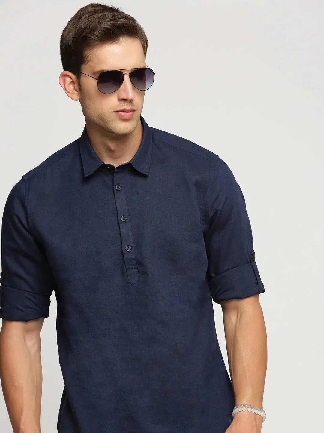 Navy Blue Short Kurta - Casual Linen Mens Kurta Pajama